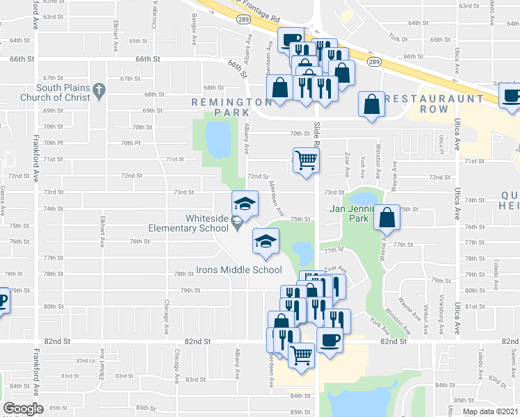 map of restaurants, bars, coffee shops, grocery stores, and more near 16 Albany Avenue in Lubbock