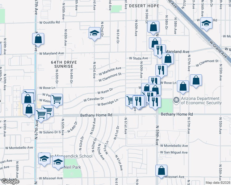map of restaurants, bars, coffee shops, grocery stores, and more near 6140 West Cavalier Drive in Glendale
