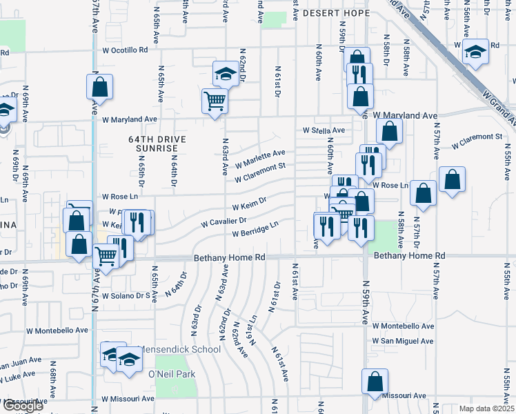 map of restaurants, bars, coffee shops, grocery stores, and more near 6140 West Cavalier Drive in Glendale