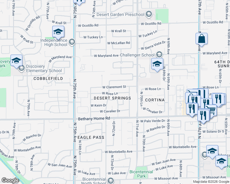 map of restaurants, bars, coffee shops, grocery stores, and more near 7228 West Rose Lane in Glendale