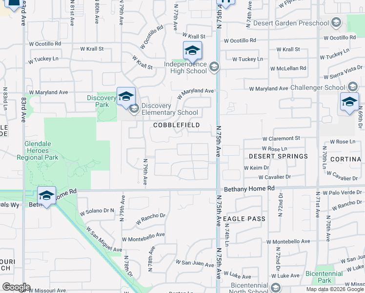 map of restaurants, bars, coffee shops, grocery stores, and more near 7627 West Peck Drive in Glendale
