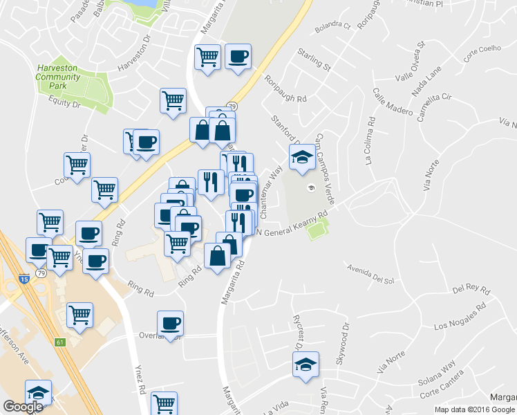 map of restaurants, bars, coffee shops, grocery stores, and more near 40549 Chantemar Way in Temecula