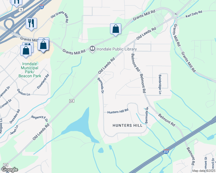 map of restaurants, bars, coffee shops, grocery stores, and more near 3513 Bermuda Drive in Irondale