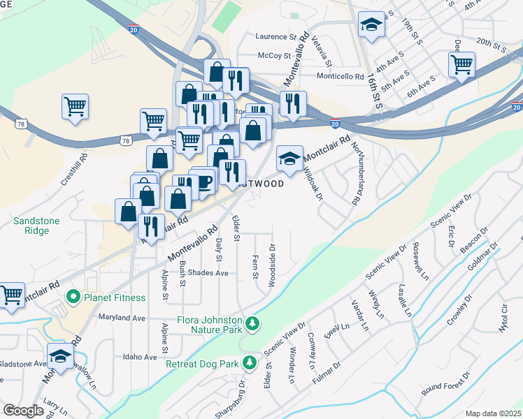 map of restaurants, bars, coffee shops, grocery stores, and more near 105 Elder Street in Irondale