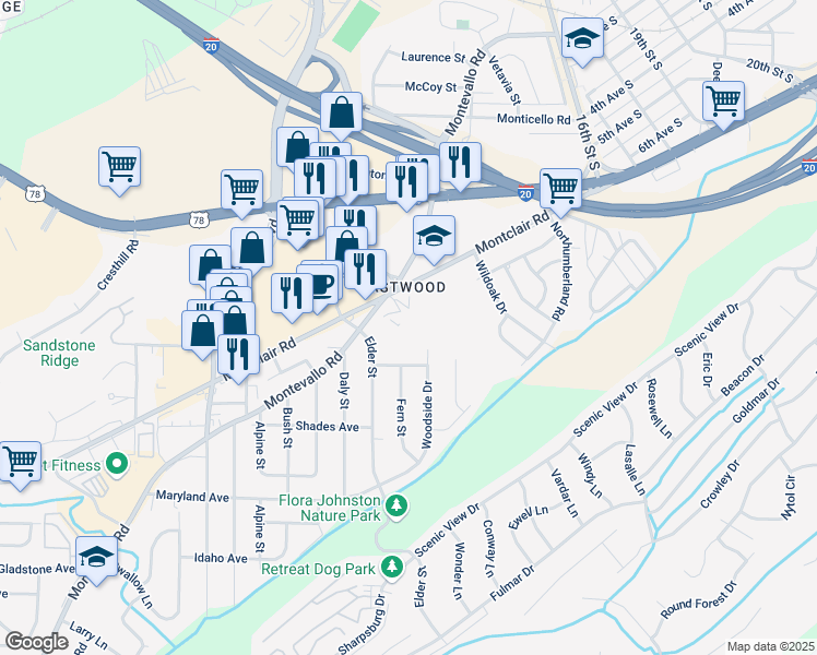 map of restaurants, bars, coffee shops, grocery stores, and more near 105 Elder Street in Irondale