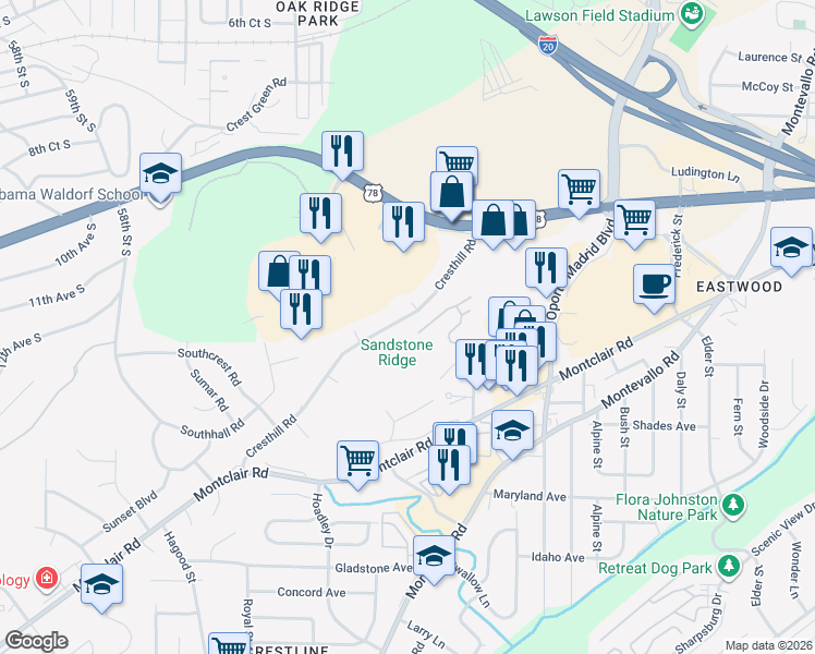 map of restaurants, bars, coffee shops, grocery stores, and more near 1521 Cresthill Road in Birmingham