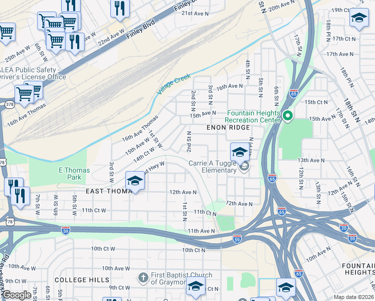 map of restaurants, bars, coffee shops, grocery stores, and more near 1321 1st Street West in Birmingham