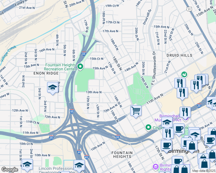 map of restaurants, bars, coffee shops, grocery stores, and more near 1312 16th Street North in Birmingham
