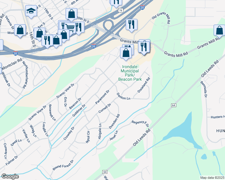 map of restaurants, bars, coffee shops, grocery stores, and more near 612 Danton Lane in Irondale