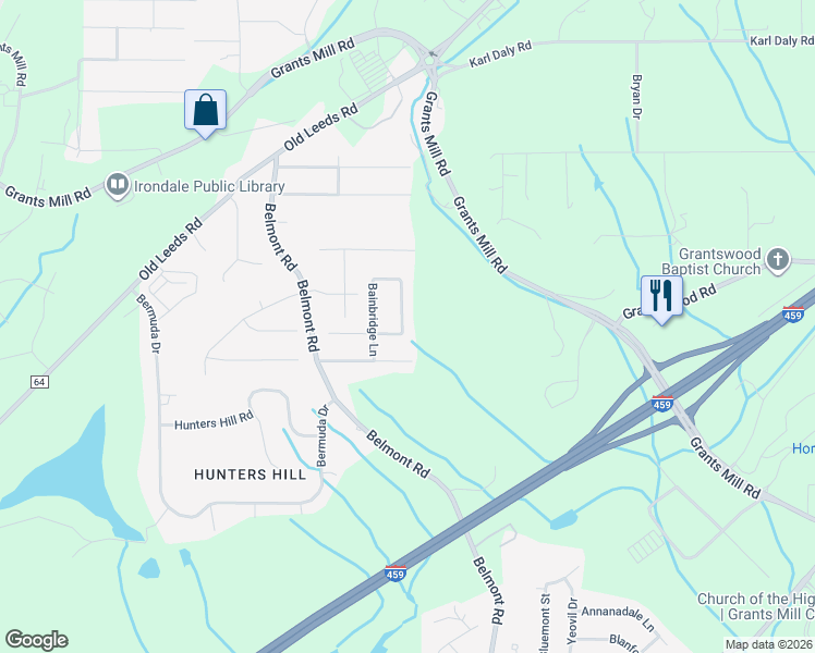 map of restaurants, bars, coffee shops, grocery stores, and more near 811 Bainbridge Way in Birmingham