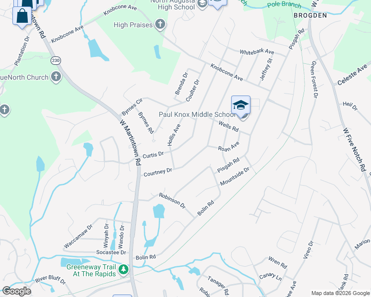 map of restaurants, bars, coffee shops, grocery stores, and more near 1819 Curtis Drive in North Augusta