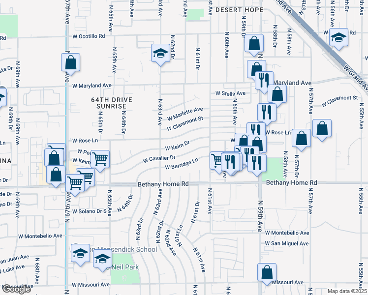 map of restaurants, bars, coffee shops, grocery stores, and more near 6140 West Cavalier Drive in Glendale