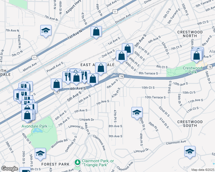 map of restaurants, bars, coffee shops, grocery stores, and more near 525 47th Street South in Birmingham