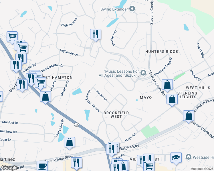 map of restaurants, bars, coffee shops, grocery stores, and more near 704 Gentlewind Lane in Martinez
