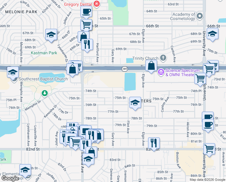 map of restaurants, bars, coffee shops, grocery stores, and more near 3127 74th St in Lubbock