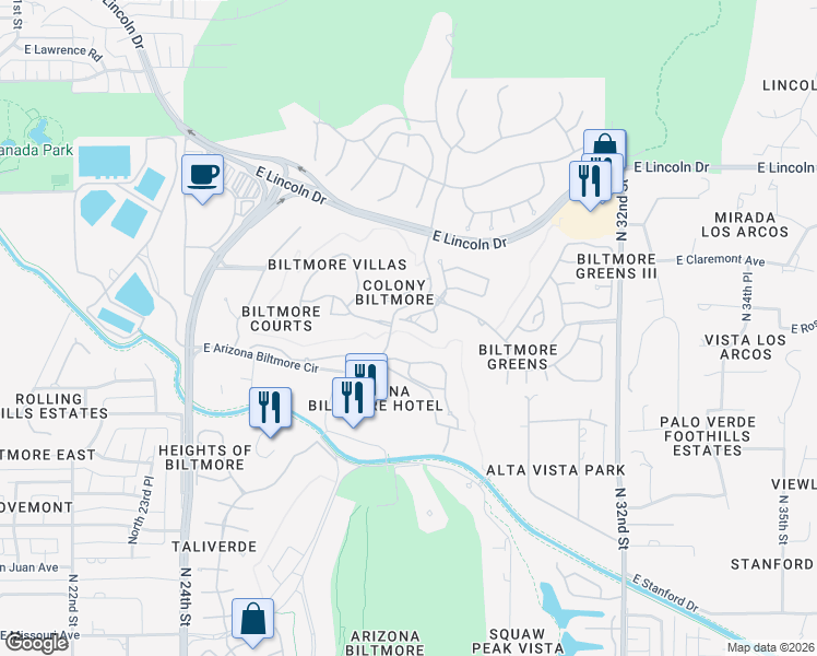 map of restaurants, bars, coffee shops, grocery stores, and more near 3021 East Rose Lane in Phoenix
