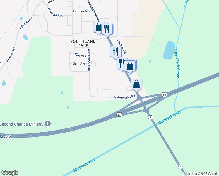 map of restaurants, bars, coffee shops, grocery stores, and more near 101 Southland Circle in Eupora