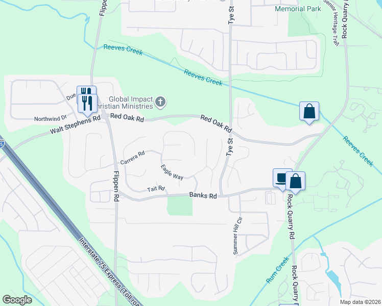 map of restaurants, bars, coffee shops, grocery stores, and more near 105 Eagle Way in Stockbridge