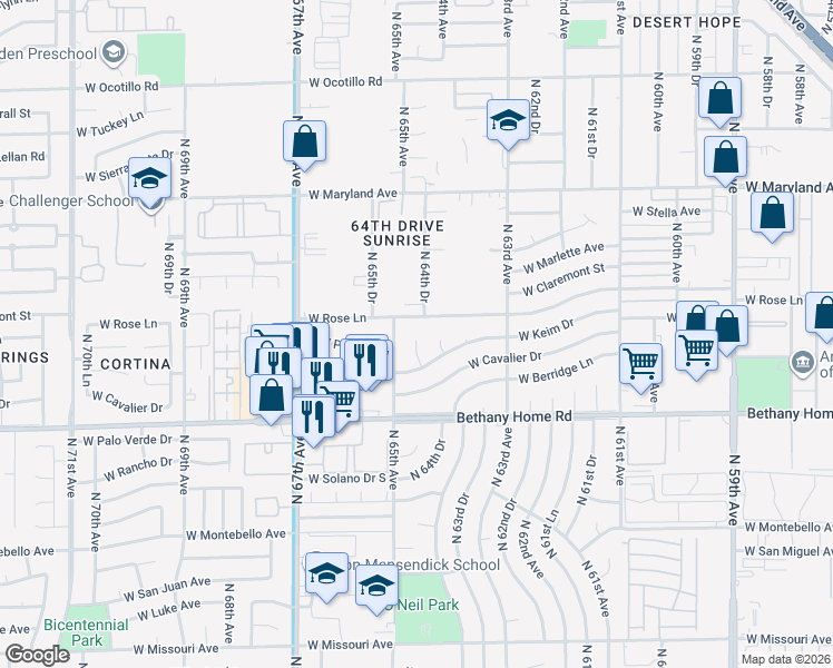 map of restaurants, bars, coffee shops, grocery stores, and more near 6129 North 64th Drive in Glendale