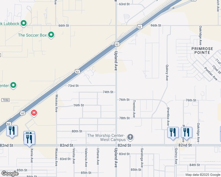 map of restaurants, bars, coffee shops, grocery stores, and more near 7302-7398 Upland Avenue in Lubbock