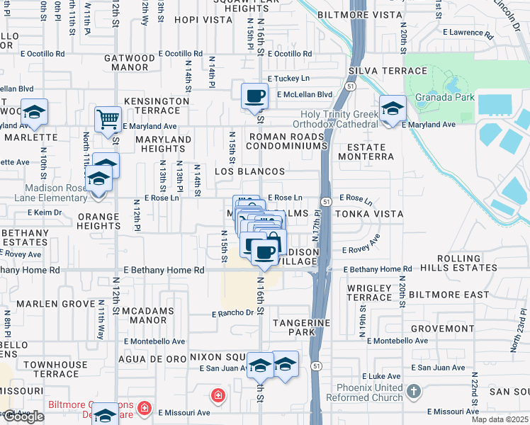map of restaurants, bars, coffee shops, grocery stores, and more near 6131 North 16th Street in Phoenix