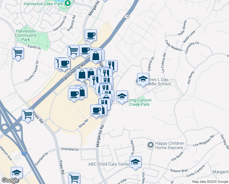 map of restaurants, bars, coffee shops, grocery stores, and more near 40549 Chantemar Way in Temecula