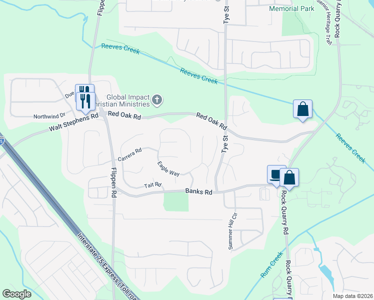 map of restaurants, bars, coffee shops, grocery stores, and more near 105 Eagle Way in Stockbridge