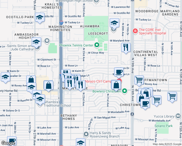 map of restaurants, bars, coffee shops, grocery stores, and more near 2220 West Berridge Lane in Phoenix