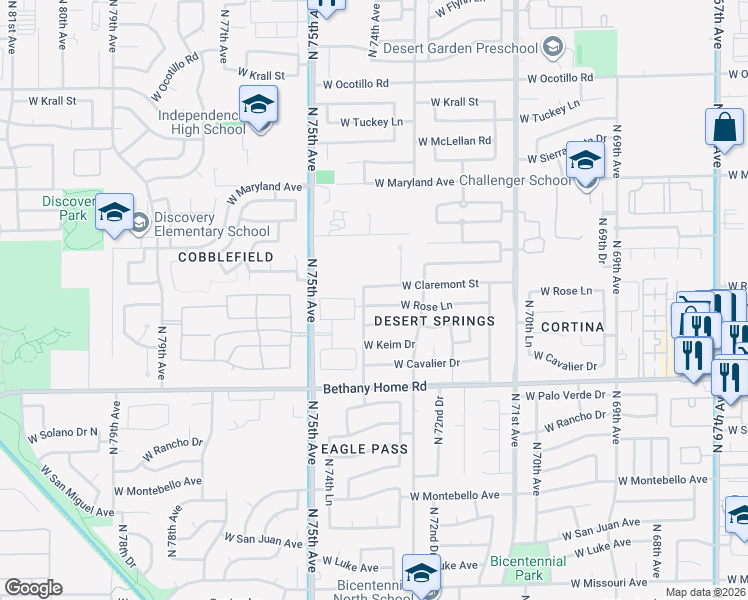 map of restaurants, bars, coffee shops, grocery stores, and more near 7350 West Rose Lane in Glendale