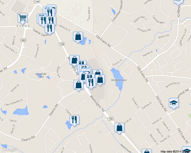 map of restaurants, bars, coffee shops, grocery stores, and more near 4223 Washington Road in Evans