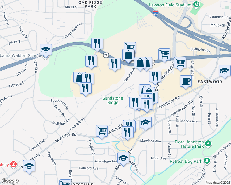 map of restaurants, bars, coffee shops, grocery stores, and more near 1521 Cresthill Road in Birmingham