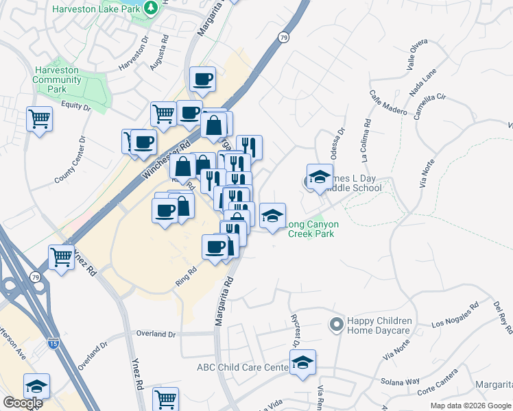 map of restaurants, bars, coffee shops, grocery stores, and more near 40543 Chantemar Way in Temecula