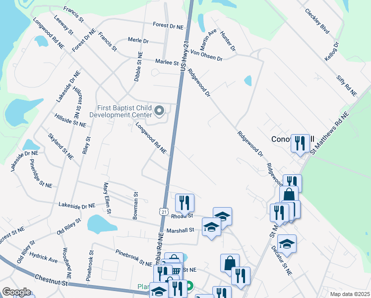 map of restaurants, bars, coffee shops, grocery stores, and more near 319 Casa Court in Orangeburg