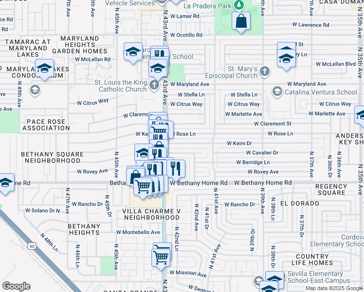 map of restaurants, bars, coffee shops, grocery stores, and more near 4238 West Cavalier Drive in Phoenix