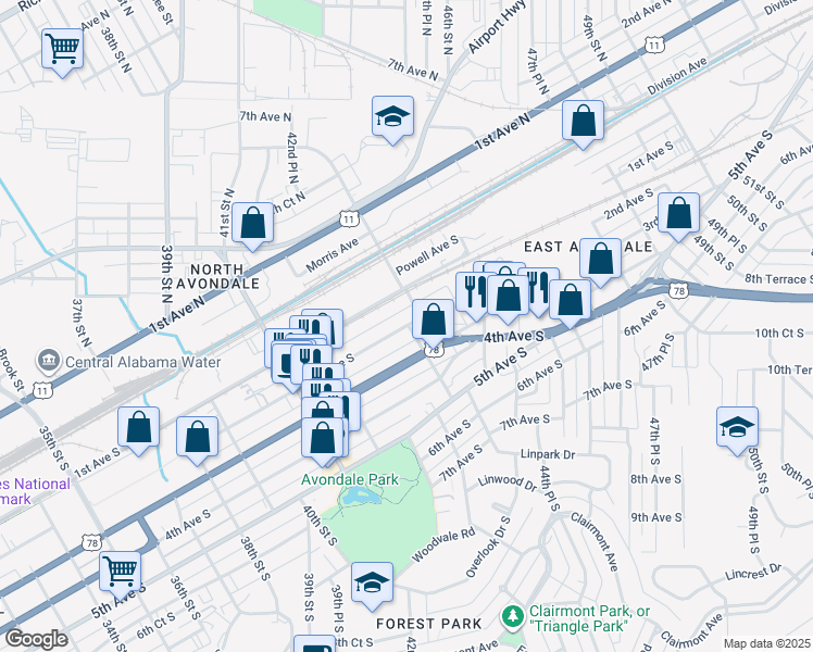 map of restaurants, bars, coffee shops, grocery stores, and more near 4272 2nd Avenue South in Birmingham