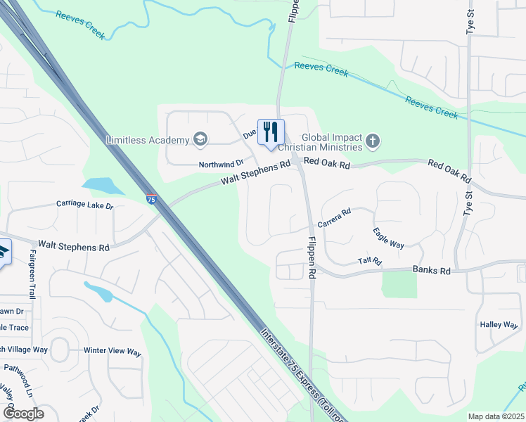 map of restaurants, bars, coffee shops, grocery stores, and more near 121 Arbor Cove Way in Stockbridge
