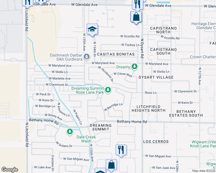 map of restaurants, bars, coffee shops, grocery stores, and more near 13327 West Romain Court in Litchfield Park