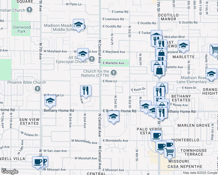 map of restaurants, bars, coffee shops, grocery stores, and more near 23 East Keim Drive in Phoenix