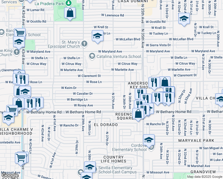 map of restaurants, bars, coffee shops, grocery stores, and more near 3654 West Cavalier Drive in Phoenix