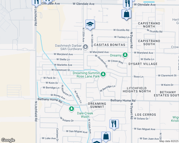map of restaurants, bars, coffee shops, grocery stores, and more near 13434 West Rose Lane in Litchfield Park
