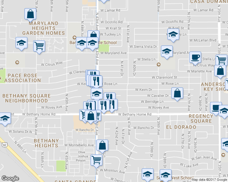 map of restaurants, bars, coffee shops, grocery stores, and more near 4201 West Keim Drive in Phoenix