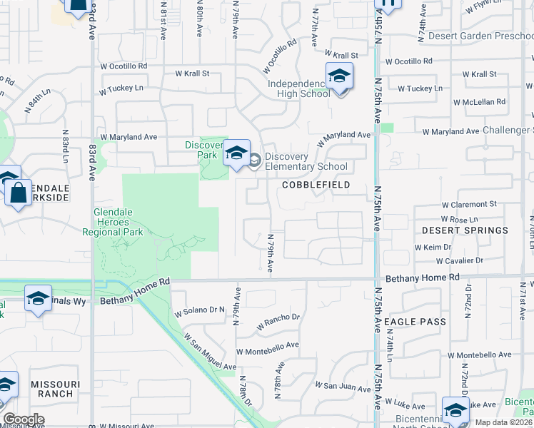 map of restaurants, bars, coffee shops, grocery stores, and more near 7904 West Rose Lane in Glendale