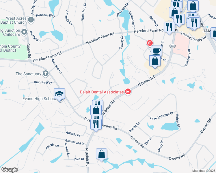 map of restaurants, bars, coffee shops, grocery stores, and more near 336 North Belair Road in Evans
