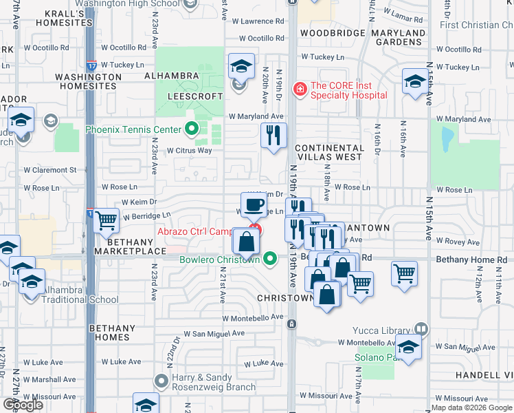 map of restaurants, bars, coffee shops, grocery stores, and more near 1942 West Berridge Lane in Phoenix