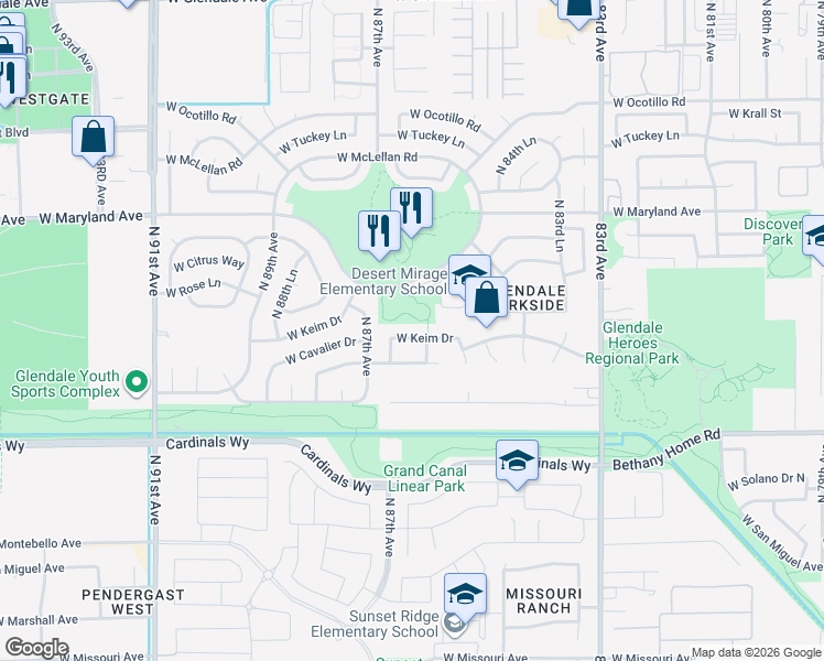 map of restaurants, bars, coffee shops, grocery stores, and more near 8620 West Keim Drive in Glendale