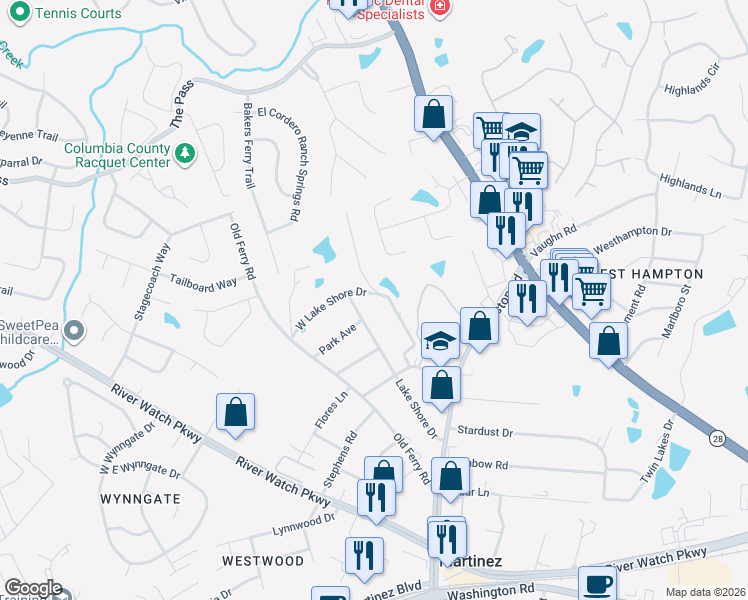map of restaurants, bars, coffee shops, grocery stores, and more near 3646 West Lake Shore Drive in Martinez