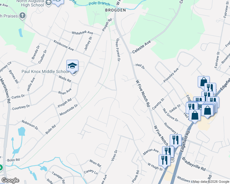 map of restaurants, bars, coffee shops, grocery stores, and more near 113 Knotty Pine Drive in North Augusta