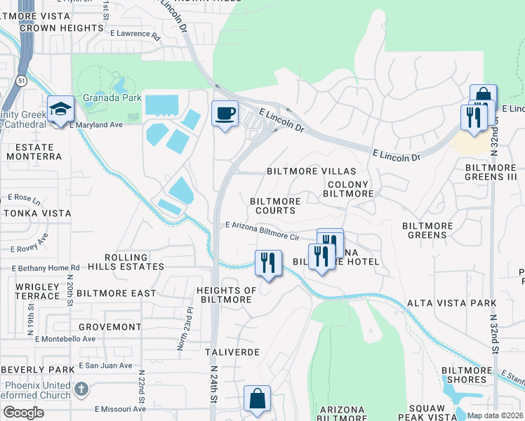 map of restaurants, bars, coffee shops, grocery stores, and more near 6106 North 28th Street in Phoenix