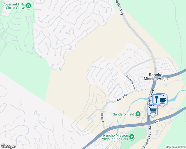 map of restaurants, bars, coffee shops, grocery stores, and more near 16 Palomino Lane in Ladera Ranch