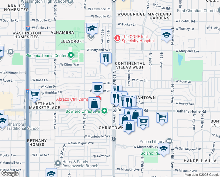 map of restaurants, bars, coffee shops, grocery stores, and more near 1926 West Berridge Lane in Phoenix